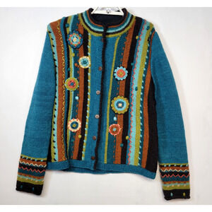 Newari Cardigan Handknit Wool Sweater Womens Large XL Floral Artistic Bohemian